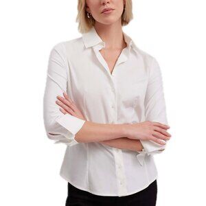 Brooks Brothers White Fitted Cotton Sateen Three-Quarter Sleeve Blouse Womens 8